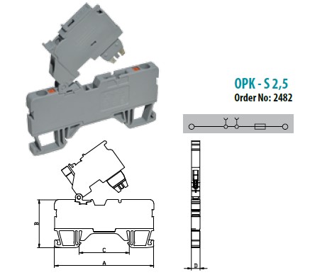 OPK-S 2,5mm² YAY BASKILI SİGORTALI KLEMENS(CAM SİGORTASIZ)