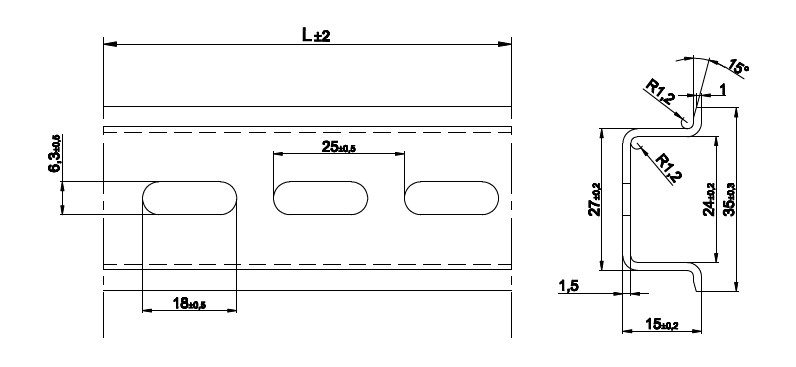 35X15 DELİKLİ SAC DIN MONTAJ RAYLARI(Cr + 3 Kaplama),1MT